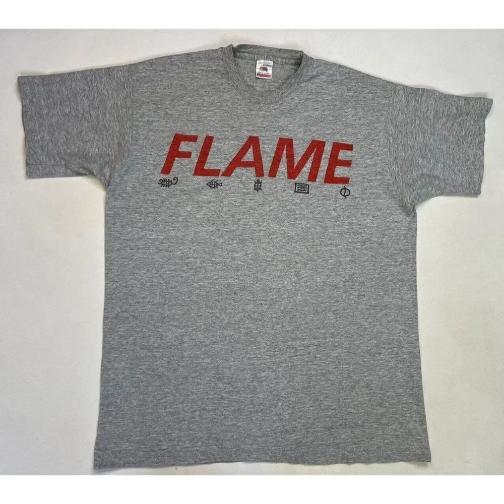 VINTAGE Flame Graphic T-shirt Men XL Gray 90s Single Stitch
